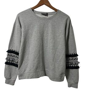 Anthropologie Gray Black White Fringe Accents Crewneck Bohemian Sweatshirt XS
